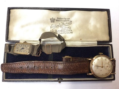 Lot 1008 - Vintage 18ct gold cased wristwatch on ribbon strap and 9ct gold cased Baume wristwatch on brown leather strap (2)