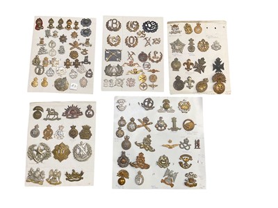 Lot 777 - Group of five boards mounted with a selection of British Military cap badges to include Guards Machine Gun Corps, Essex Regiment and Cameron Highlanders.