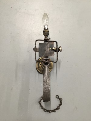 Lot 148 - Old Vermin Trap wall light, 35cm to top of light fitting, 12cm wide, on circular mount 10cm diameter