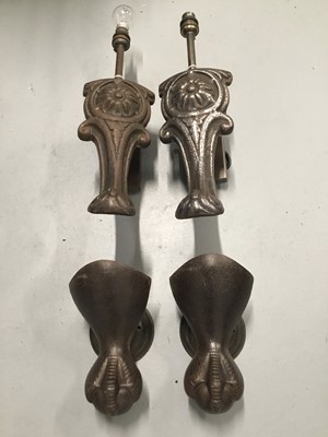 Lot 151 - Two pairs Bath Feet wall lights, the larger 40cm to top of light fitting, 12cm wide x 20cm deep on 6.5cm x 8cm wall mount, the smaller 20cm x 12cm x 12.5cm on 10cm wall mount