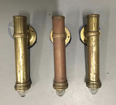 Lot 153 - Three Swinging Brass cabin downlighters, together with a Mechanic’s hanging light