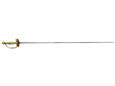 Lot 952 - Late 18th century Continental small sword with ornate brass hilt with sun burst and reticulated decoration, tapering trefoil hollow ground blade 102cm overall