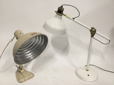 Lot 160 - Retro Heater lamp, together with a modern white desk lamp, the heater head 26cm diameter, and stands 45cm high on 17cm x 12cm base. White desk lamp arms both 37cm, head diameter 19cm, 20cm...