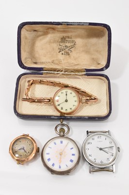 Lot 294 - Two vintage 9ct gold wristwatches, one with a 9ct gold bracelet, together with a silver cased fob watch and a Timex watch (4)