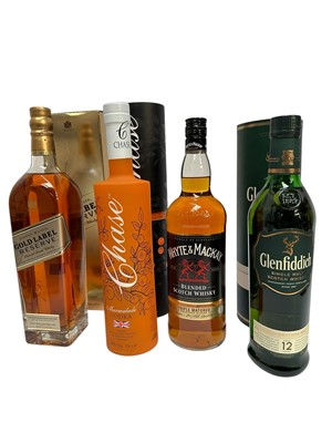 Lot 187 - Johnnie Walker Gold Label Reserve, 40%, 1 litre, boxed, Glenfiddich 12 year old whisky, 40%, 70cl., boxed, Whyte & Mackay blended scotch whisky, 40%, 1 litre and a bottle of Chase Marmalade...