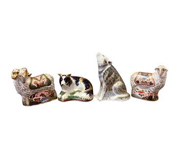 Lot 1271 - Four Royal Crown Derby paperweights - Imari Ram, Border Collie, Wolf and Imari Ewe