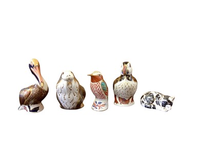 Lot 1273 - Five Royal Crown Derby paperweights - Brown Pelican, Walrus, Kingfisher, Puffin and Misty