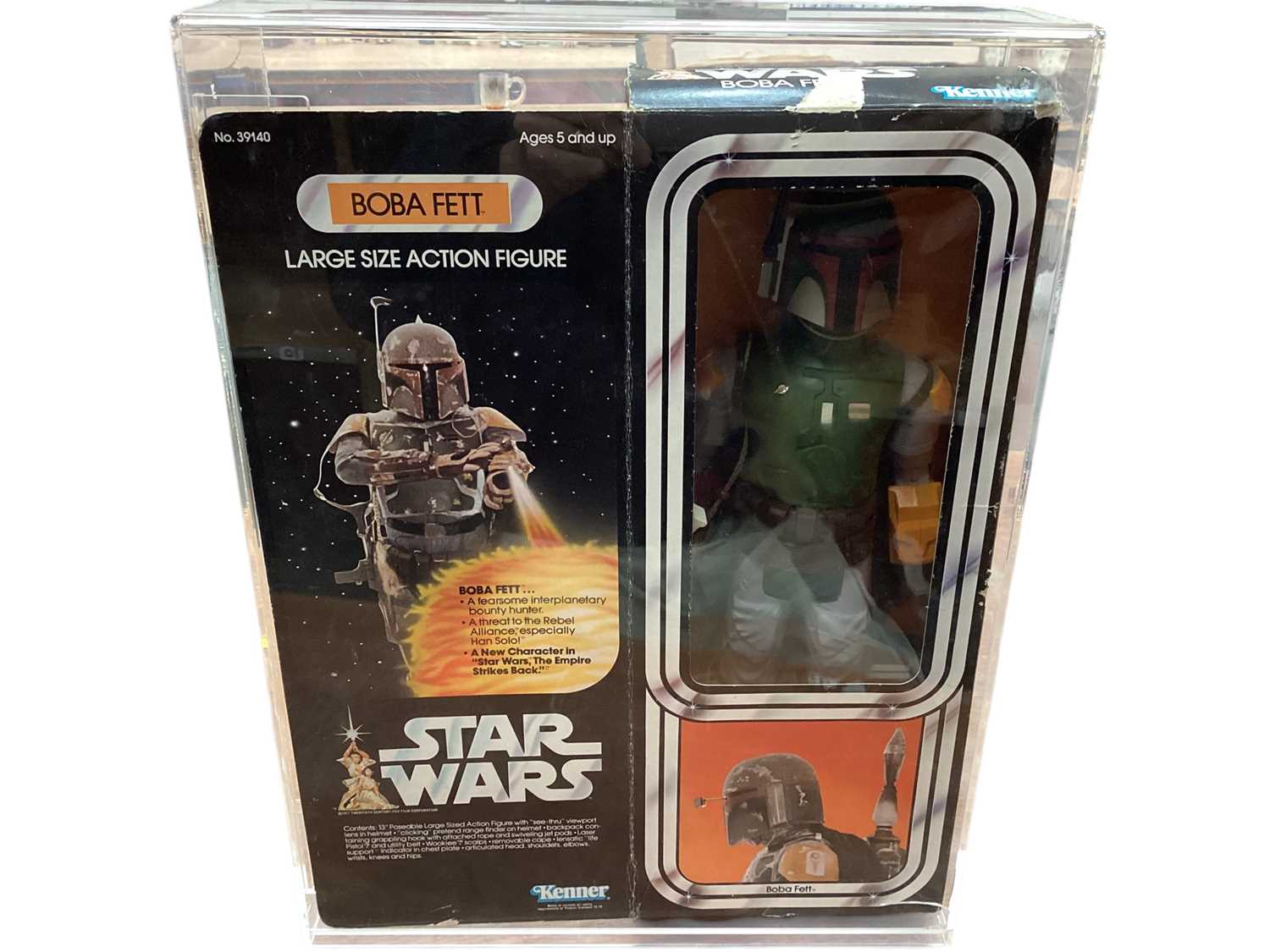 Lot 1728 - Kenner (c1977) Star Wars Boba Fett 13" action figure, with original contents and window box (damage to lid flap & graphics to part), in Perspex display case, No.39140 (1)