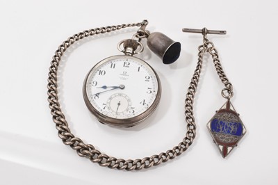 Lot 295 - 1920s Omega silver cased pocket watch by Wehrles Ltd, Kilburn, on a silver watch chain