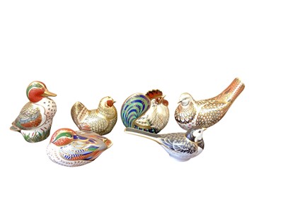 Lot 1278 - Six Royal Crown Derby paperweights including Green Winged Teal, Farmyard Hen, Farmyard Cockerel, Pied Wagtail and Teal