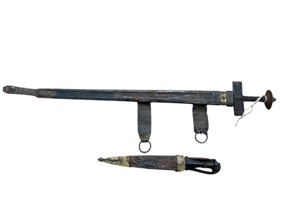 Lot 972 - Old Sudanese arm dagger with sheath and Sudanese sword with tooled leather scabbard (2)