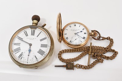 Lot 296 - Gold plated full hunter pocket watch on a plated chain, together with a Goliath pocket watch (2)