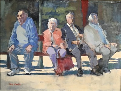 Lot 90 - Chris Gamble (Contemporary) acrylic on canvas - 'Nice to sit down', 29cm x 39cm, signed, framed