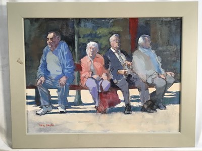 Lot 90 - Chris Gamble (Contemporary) acrylic on canvas - 'Nice to sit down', 29cm x 39cm, signed, framed