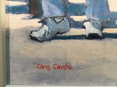 Lot 90 - Chris Gamble (Contemporary) acrylic on canvas - 'Nice to sit down', 29cm x 39cm, signed, framed