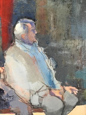 Lot 90 - Chris Gamble (Contemporary) acrylic on canvas - 'Nice to sit down', 29cm x 39cm, signed, framed