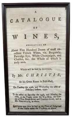 Lot 213 - Framed print after an 18th century poster advertising 'A Catalogue of Wines...Sold by Auction By Mr Christie, 1770', 80cm x 47cm overall