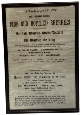 Lot 214 - Framed print after an Edwardian poster advertising a 'Catalogue of Five Thousand Dozens of Fine Old Bottled Sherries. The Property of her late Majesty Queen Victoria and His Majesty the King...'...