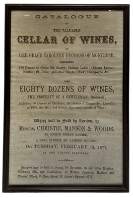 Lot 215 - Framed print after a Victorian poster advertising a 'Catalogue of The Valuable Cellar of Wines of Her Grace Caroline Duchess of Montrose...', 80cm x 55cm overall