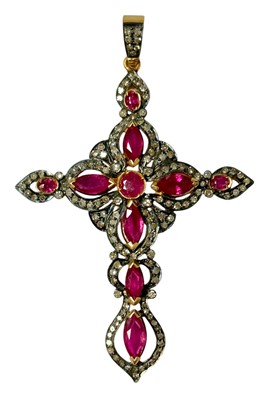 Lot 223 - Victorian-style ruby and diamond cross pendant with mixed cut and marquise cut rubies surrounded by a border of diamonds in silver setting on gold, 75mm x 48mm