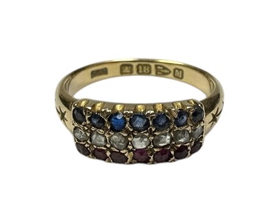 Lot 224 - Victorian 18ct gold diamond, ruby and sapphire triple row ring (Chester 1895), ring size L 1/2