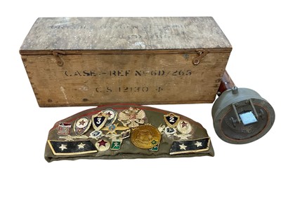 Lot 912 - Second World War hand bearing compass with Air Ministry stamp, in pine transit case together with a Soviet military side cap with badges (2).