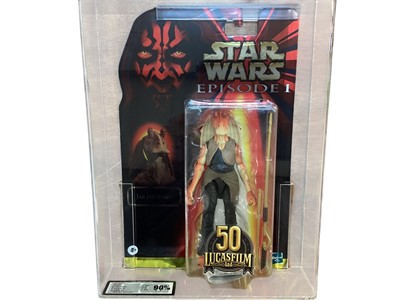 Lot 1745 - Hasbro Star Wars Episode I 50th Lucas Film Ltd Graded 90% Jar Jar Binks, in Perspex Display Case, plus three other Episode I figures (4)