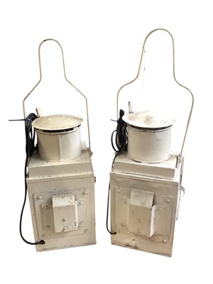 Lot 2523 - Pair of white painted railway lamps, one with 'BR' for British Rail, 63cm high including handles