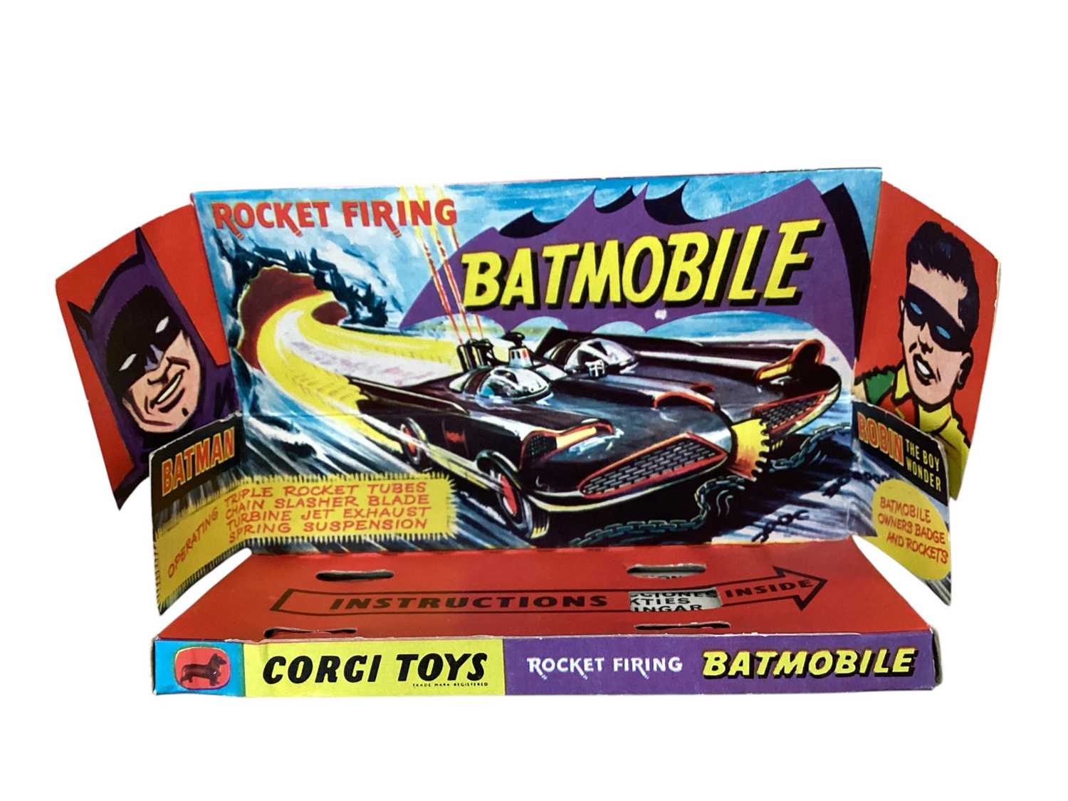Lot 1754 - Corgi diecast 1966 First Issue Batmobile No.267 & 1968 First Issue Batboat & Trailer No.107, both boxed, plus autographed Batman (Adam West) & Robin (Burt Ward) framed photograph, 41...