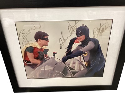 Lot 1754 - Corgi diecast 1966 First Issue Batmobile No.267 & 1968 First Issue Batboat & Trailer No.107, both boxed, plus autographed Batman (Adam West) & Robin (Burt Ward) framed photograph, 41...
