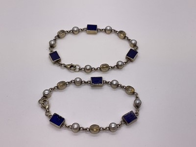 Lot 249 - A pair of silver and lapis lazuli, citrine and cultured pearl bracelets in silver gilt setting, Edinburgh hallmarks, 19cm