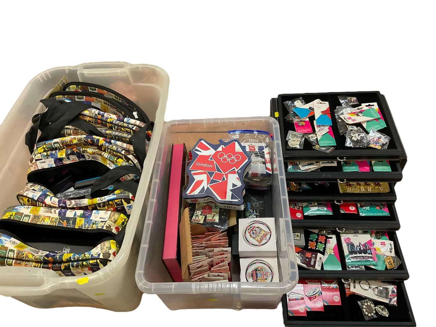 Lot 2601 - Extensive collection of London 2012 Olympic related memorabilia to include large collection of Olympic enamel badges, two limited edition enamel plaques by Charles Fazzino, in original tin boxes...