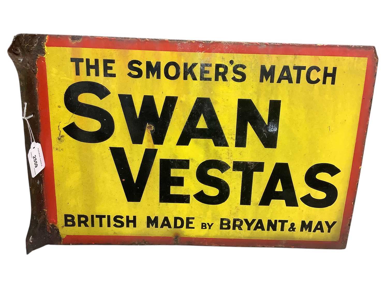 Lot 2559 - Original Swan Vestas, The Smoker's Match, British Made by Bryant & May, double sided advertising sign, 46 x 30.5cm