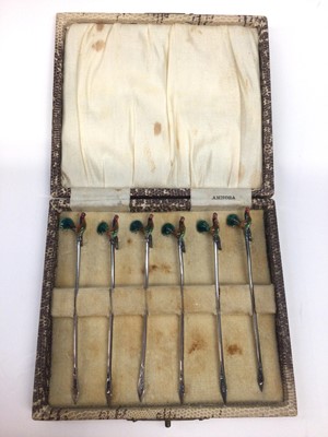 Lot 1024 - Set of six Art Deco silver and enamel cocktail sticks with cockerel finials in original case (Birmingham 1928)