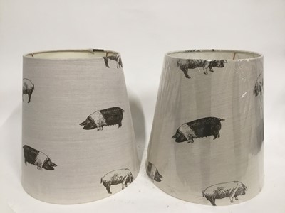 Lot 173 - Pair of Emily Bond lamp shades decorated with pigs, 36cm high