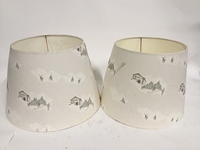 Lot 182 - Near pair of tapered round lamp shades decorated with Swiss mountain scenes, 31.5cm and 30.5cm high