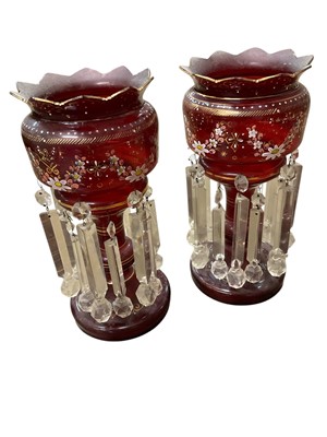 Lot 164 - Pair of Victorian ruby glass lustres