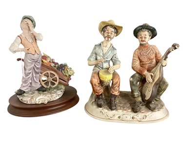 Lot 707 - Collection of 9 Capodimonte and similar figures including two men playing musical instruments, man with wheelbarrow full of fruit and veg, various men sitting on benches etc (some signed)