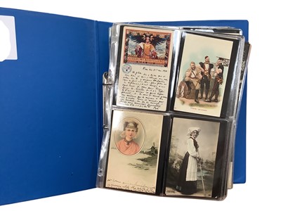 Lot 1502 - Postcards in blue folder including Worldwide cards comic, Military, topographical, real photographic etc. Plus a box of Polyprotec postcard covers.