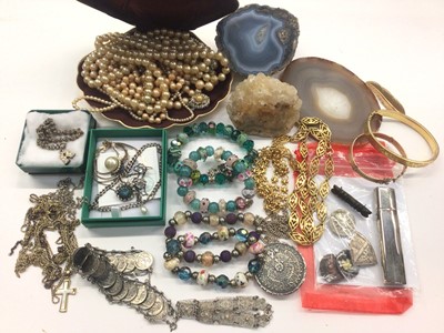 Lot 1040 - Group of costume jewellery including simulated pearls, white metal filigree panel bracelet, gold plated jewellery, semi-precious crystals and other bijouterie