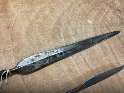 Lot 959 - Two antique African spears, together with an old African Lion spear tip. (3)
