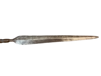 Lot 959 - Two antique African spears, together with an old African Lion spear tip. (3)