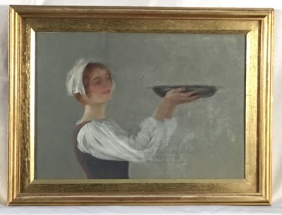 Lot 78 - Attributed to Francis Davis Millet (1848-1912) oil on board - young woman carrying a bowl, 19cm x 27.5cm, glazed and framed