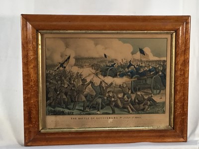 Lot 79 - The Battle of Gettysburg, 1863 - hand-coloured lithograph by Currier & Ives, 24cm x 33cm, in maple frame