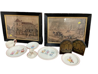 Lot 124 - Group of Richard Ginori Disney ceramics, a pair of coaching prints, and a pair of Art Nouveau bookends decorated with the Oxford skyline