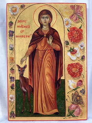 Lot 14 - Marchela Dimitrova (b. 1956) Icon of St Mildred of Minster, egg tempera and golden leaf on wood, 26cm x 17cm, artists label verso