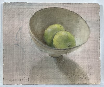 Lot 11 - Marcia Blakenham oil on board - Two Apples in a Bowl, signed and dated 1981 in pencil, 18cm x 21.5cm, unframed