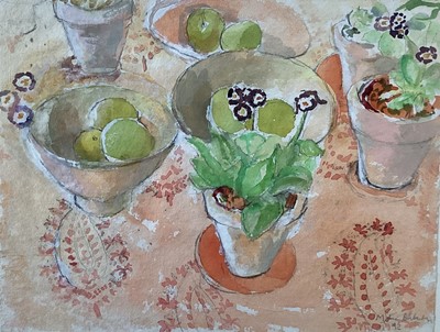 Lot 24 - Marcia Blakenham gouache and watercolour - Auriculas and Apples, signed and dated '92, 31cm x 40cm, in glazed frame