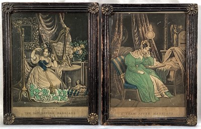 Lot 23 - Pair of 19th Century mezzotints 'The Day before Marriage' and 'A Year After Marriage', published in London by J. Fairburn, 20cm x 15cm, in glazed period frames