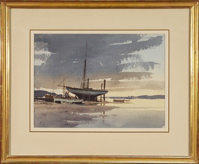 Lot *Edward Seago (1910-1974) watercolour - 'Yacht on the Stocks', signed, 26.5cm x 37cm, Edward Seago Estate stamp verso, in glazed gilt frame Provenance: Thomas Gibson Fine Art Ltd., Londo...